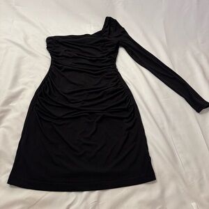 Emerald Sundae Black One-Shoulder Ruched Bodycon Dress
